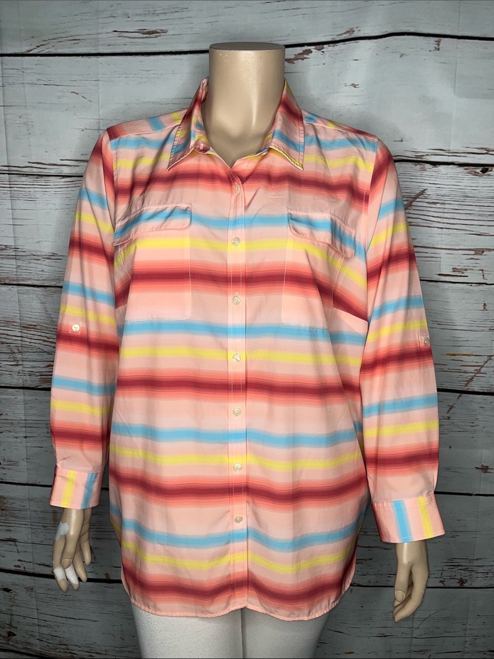 Lands’ End Size 2X 20W-22W Stripe Roll-Tab Sleeve Button Up Blouse Top